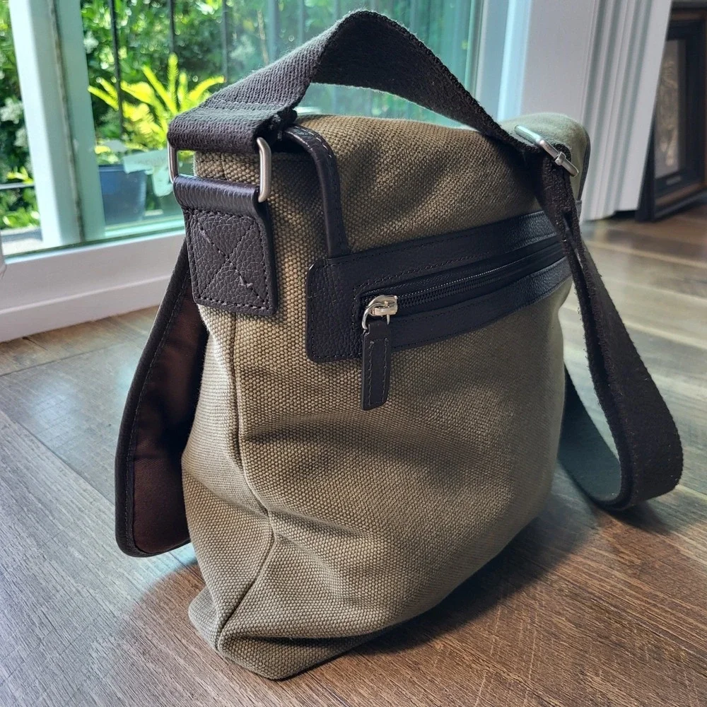 Levenger Olive Green Canvas & Brown Leather Trim Messenger Crossbody Bag
